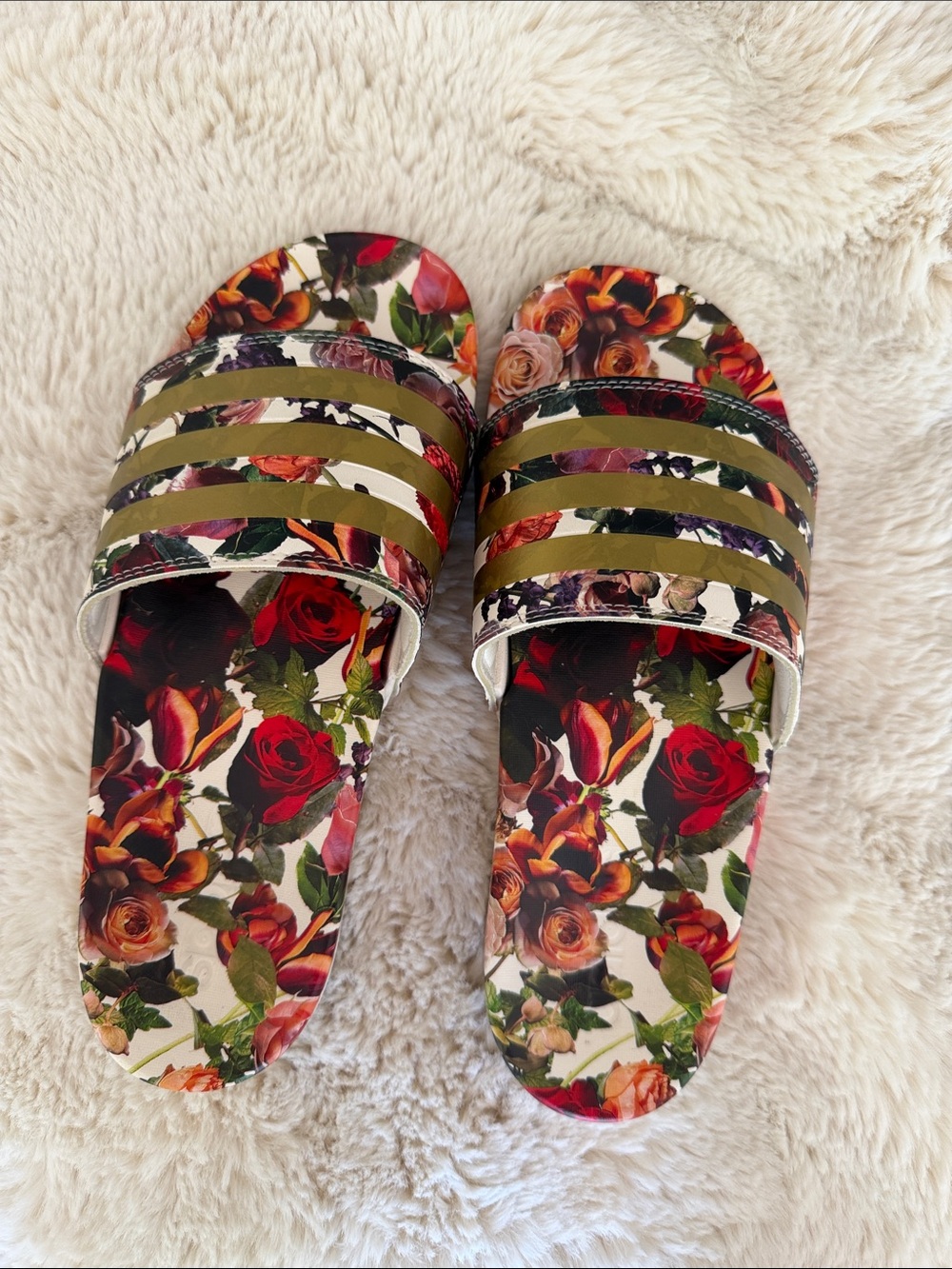 Adidas Floral Print Slide Sandals in Red and Green - Women's